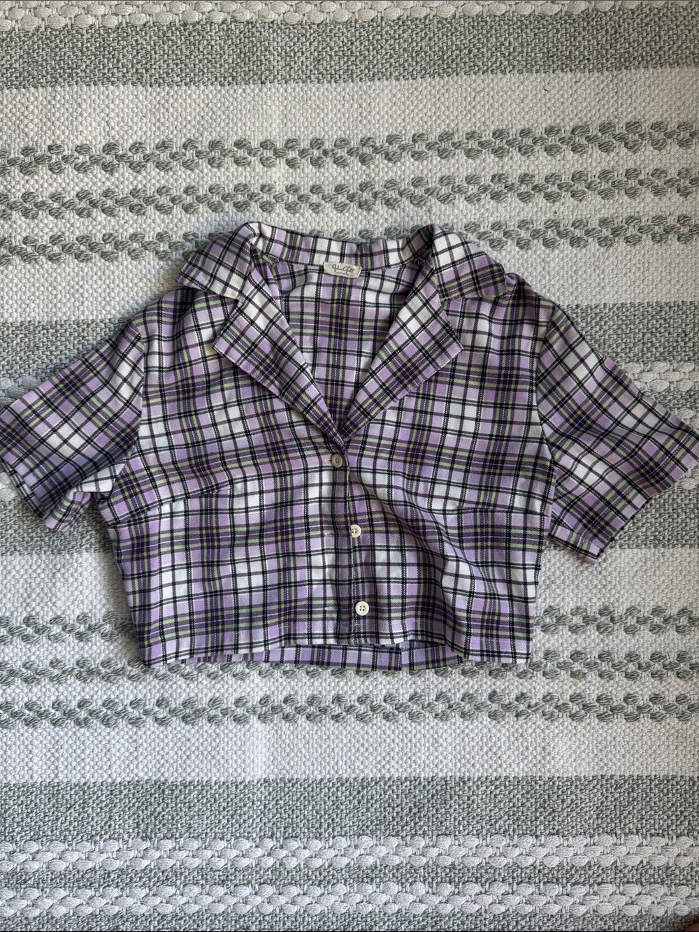 Brandy Melville Purple Green and White Plaid Cropped Button-Up Top